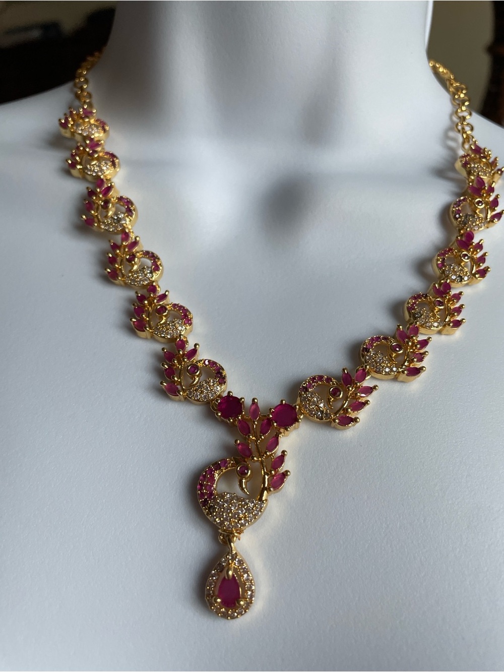 Gold-Tone Necklace with Ruby-Red Accents - Women Jewelry